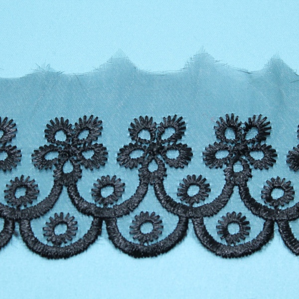 Декоративная тесьма -кружево органза с рисунком, ширина 6,5 см. черная